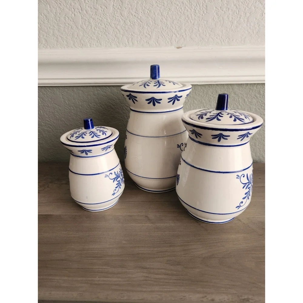Royal Sealy Heritage Kitchen Canister Set+Lids 3 Pc 1950s Coffee Tea Sugar READ